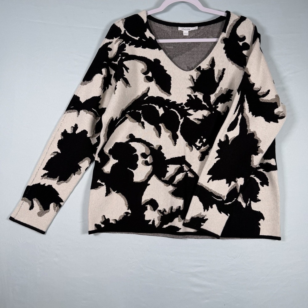 Chico's Size-2 US Womens Sweater Paisley Jacquard Black Cream Metallic